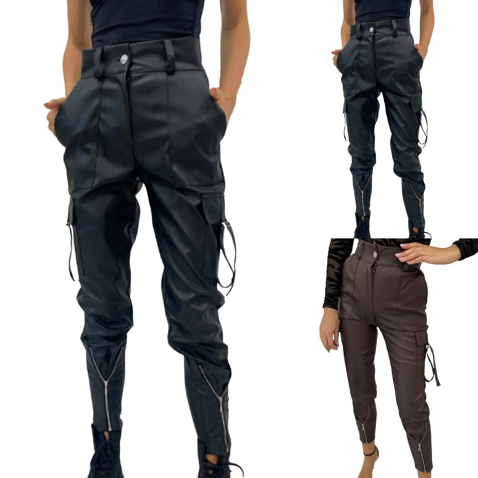 High Streetwear Autumn And Winter Punk Style Small Foot Elastic Waist Lace Up Long Pocket Leather Pants Y2k Hip Hop Joggers