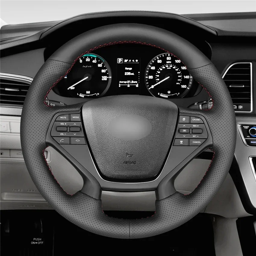 

Чехол на руль из натуральной кожи черного цвета, сшитый вручную, для Hyundai Sonata 9 2015-2019 (4-спицевый), аксессуары для автомобиля