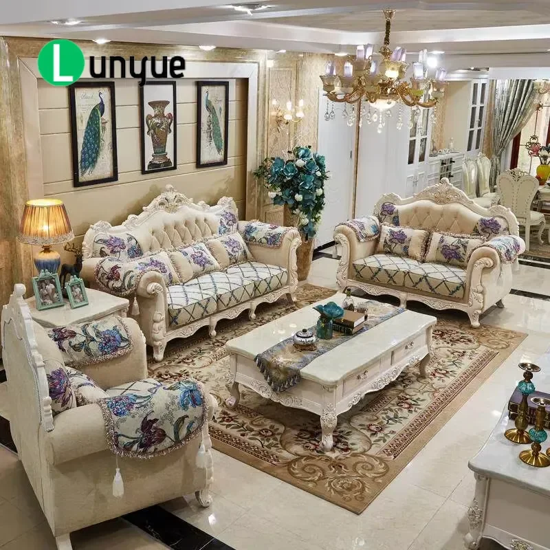 European Fabric Sofa Set 123 Combination All Solid Wood U Shaped Large Apartment Luxury Living Room Furniture