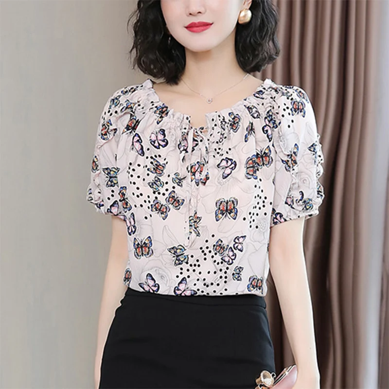 

Women Clothing Fashion Bufferfly Printed Chiffon Blouse Summer Casual Elegant Vintage Chiffon Shirt Short Sleeve Drawstring Tops