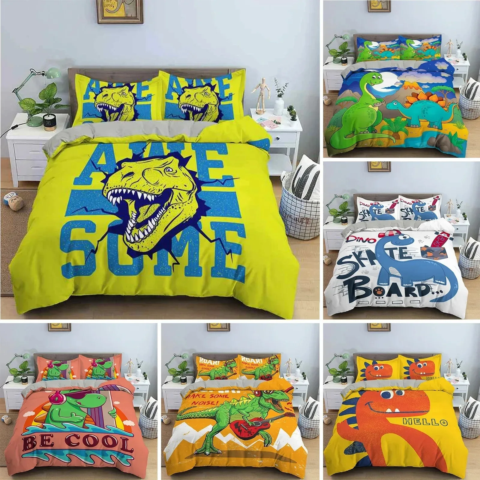 

Cartoon Dinosaur Duvet Cover King Queen Size Jurassic World Theme Bedding Set Kids Ancient Animals Polyester Quilt Cover