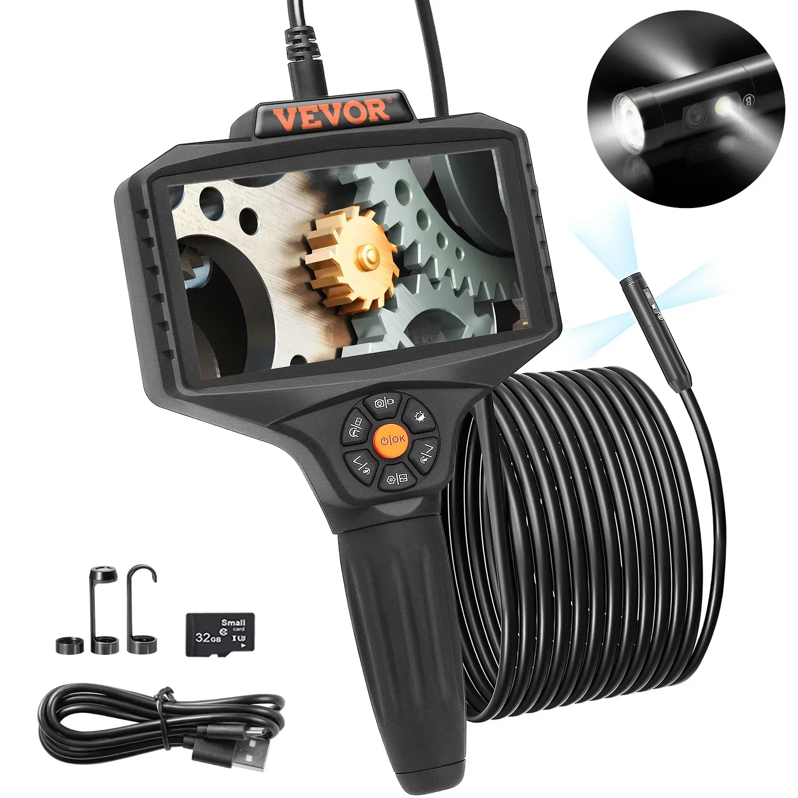 VEVOR Triple Lens Industrial Endoscope 5" IPS Screen Borescope Inspection Camera with Lights Split Screen 8xZoom IP67 Waterproof