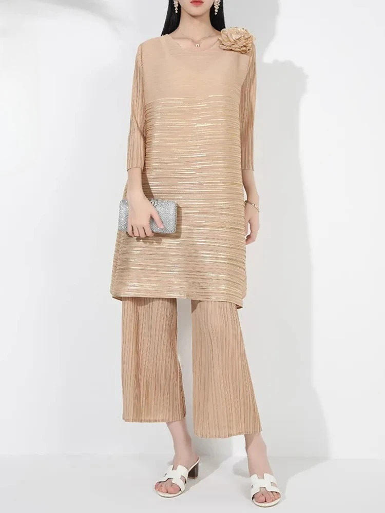 

High-end Mid-length Top + High-waisted Wide-leg Pants Two-piece Women's Design Fashion Elegant Clothing 2025 Summer New Miyake