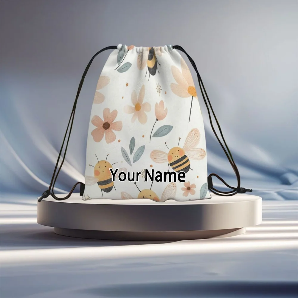 1Pc Custom Name Text Bee and Flower Pattern Drawstring Backpack, Portable Drawstring Bag, Suitable for Gym, Travel, Sports