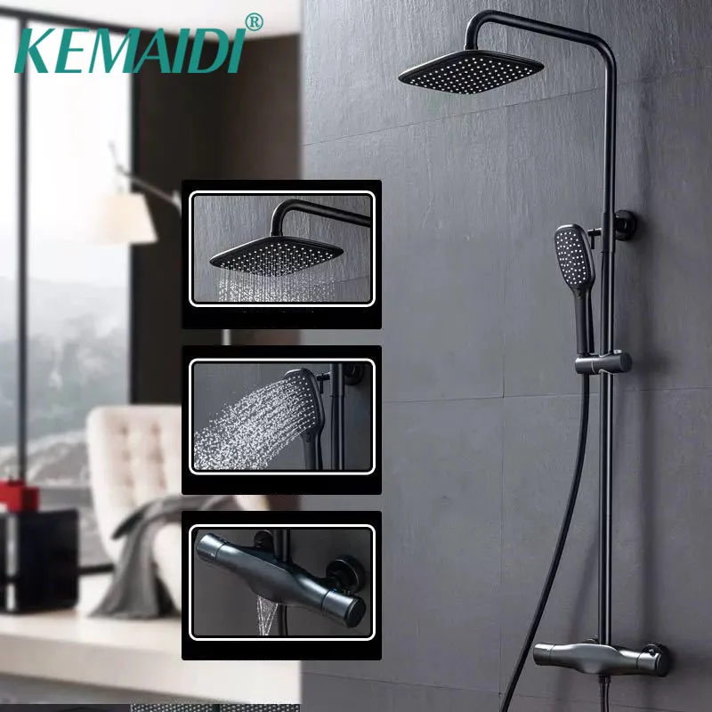 

KEMAIDI Black Bathroom Thermostatic Shower System 38℃ Constant Terperature Shower Faucet Rainfall Shower Head with Bathtub Mixer