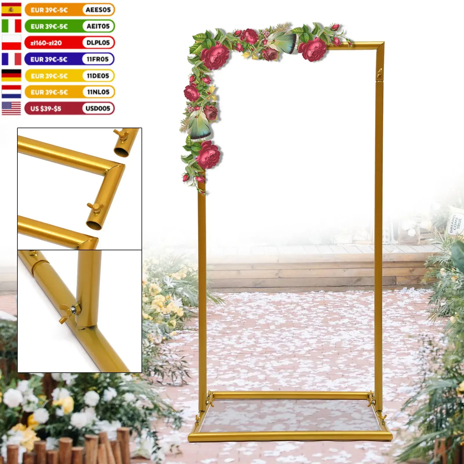 Gold New Years Wedding Arch Backdrop Stand Square Balloon Garden Wedding Arch Backdrop Frame Metal Floor Stand 1m