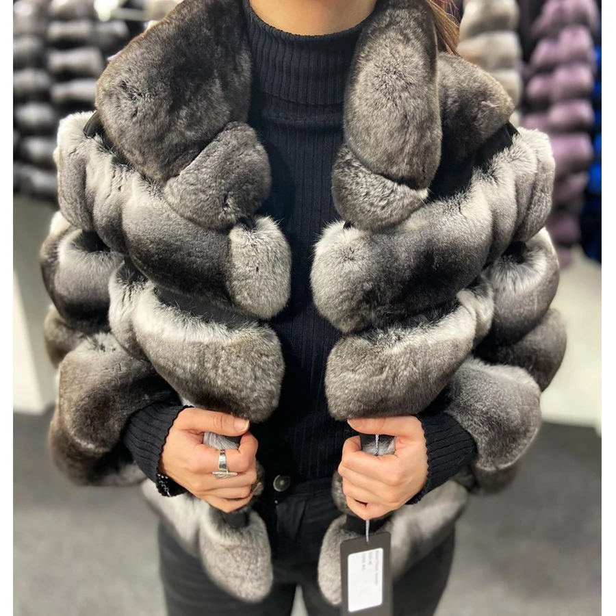 Women Short Genuine Rex Rabbit Fur Jacket Chinchilla Colour Winter Jacket Short Luxury New Arival