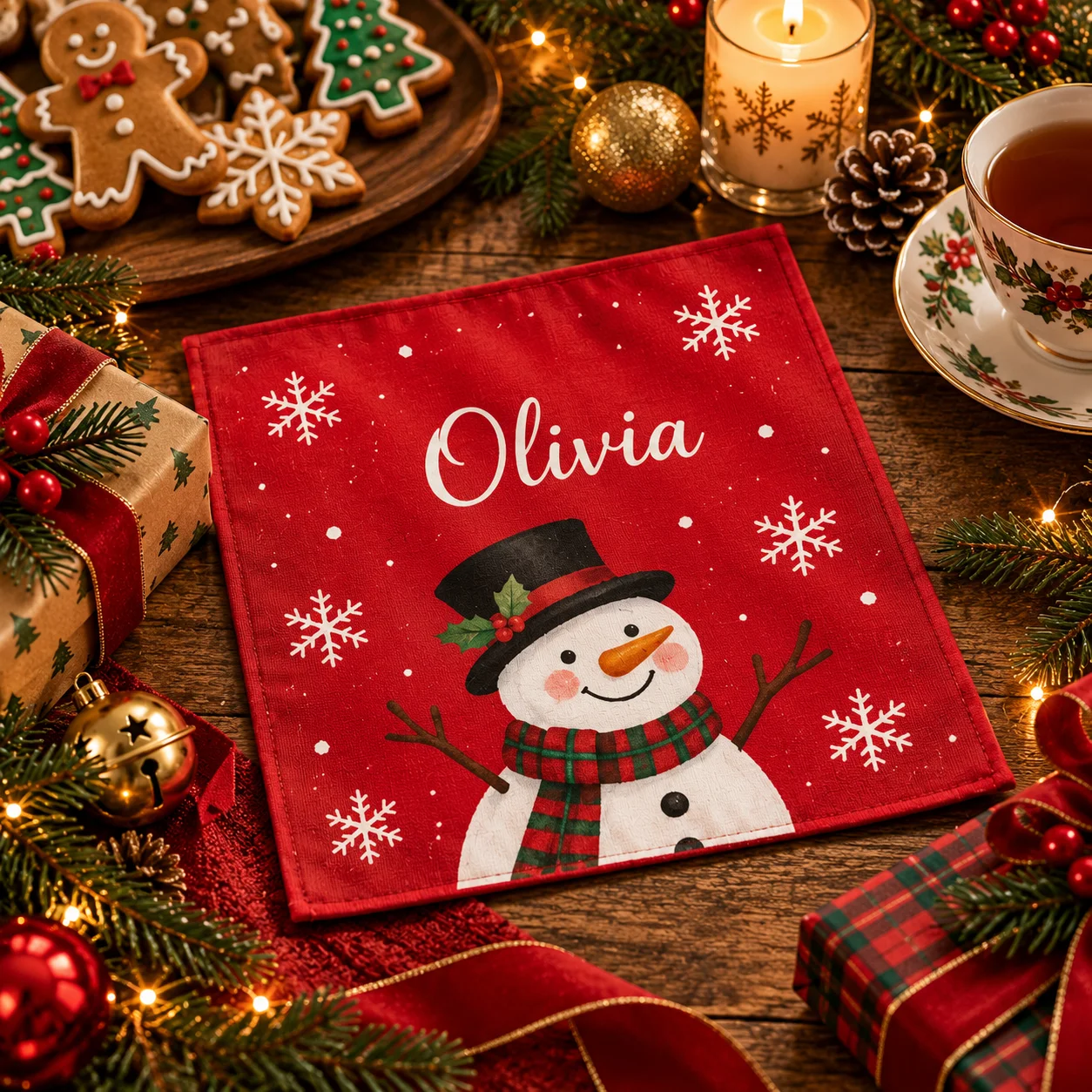Personalized Snowman Christmas Handkerchief, Custom Name Holiday Printed Hanky with Festive Snowman Elements, Perfect Gift & Dec - view 4