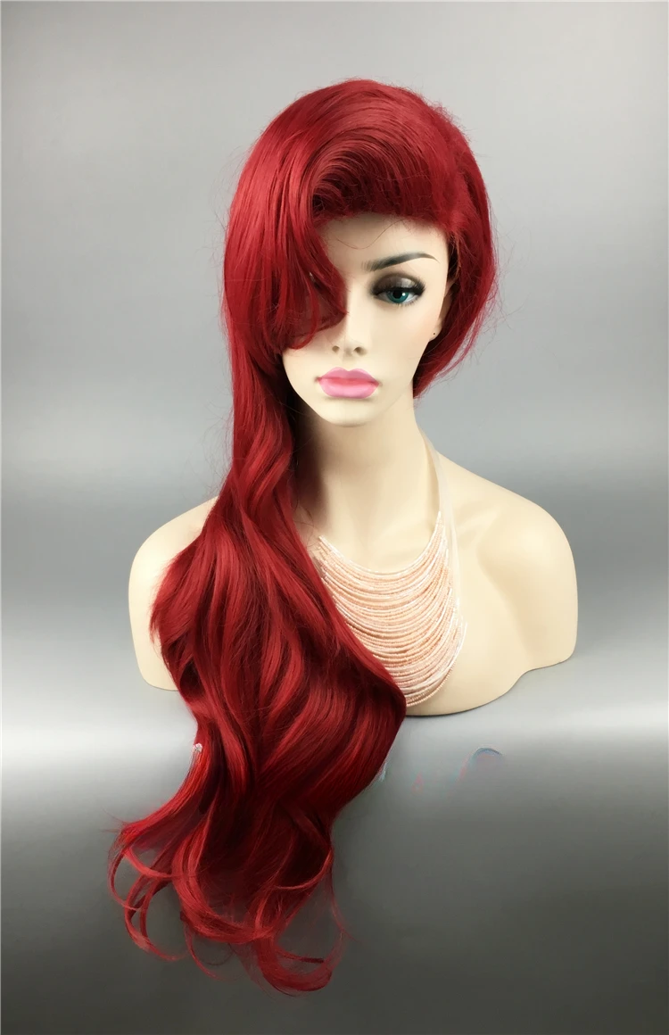 70cm Wig merah duyung kecil tubuh rambut palsu bergelombang sintetis Wig Cosplay putri Ariel Wig peran bermain kostum