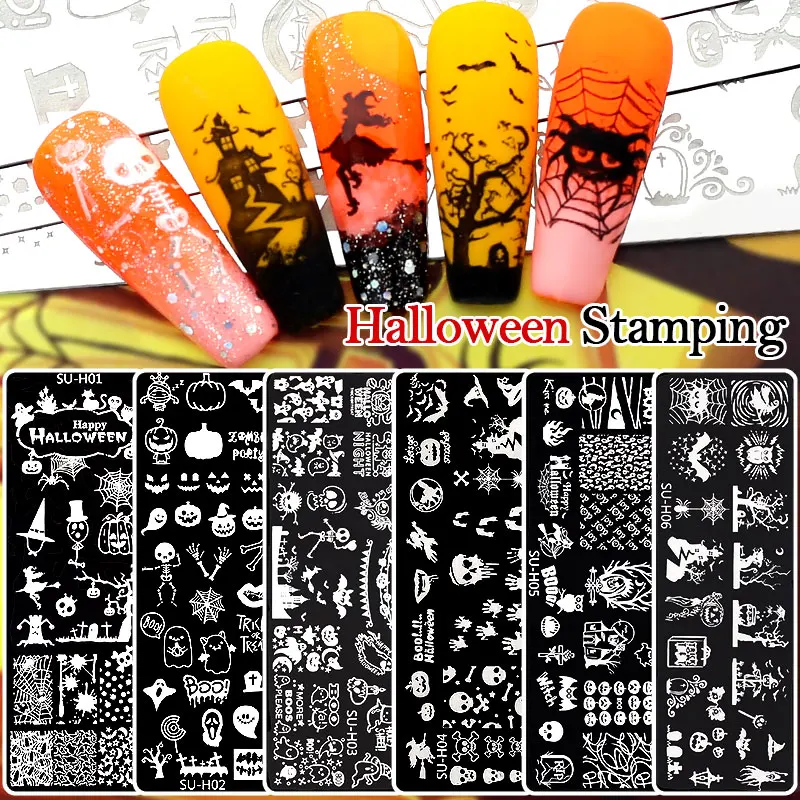 

Arte Clavo 6Pcs/Set Halloween Image Stamp Plates Pumpkin Skull Pattern Home Use Template Maincure Nail Art Printing Stencil Tool