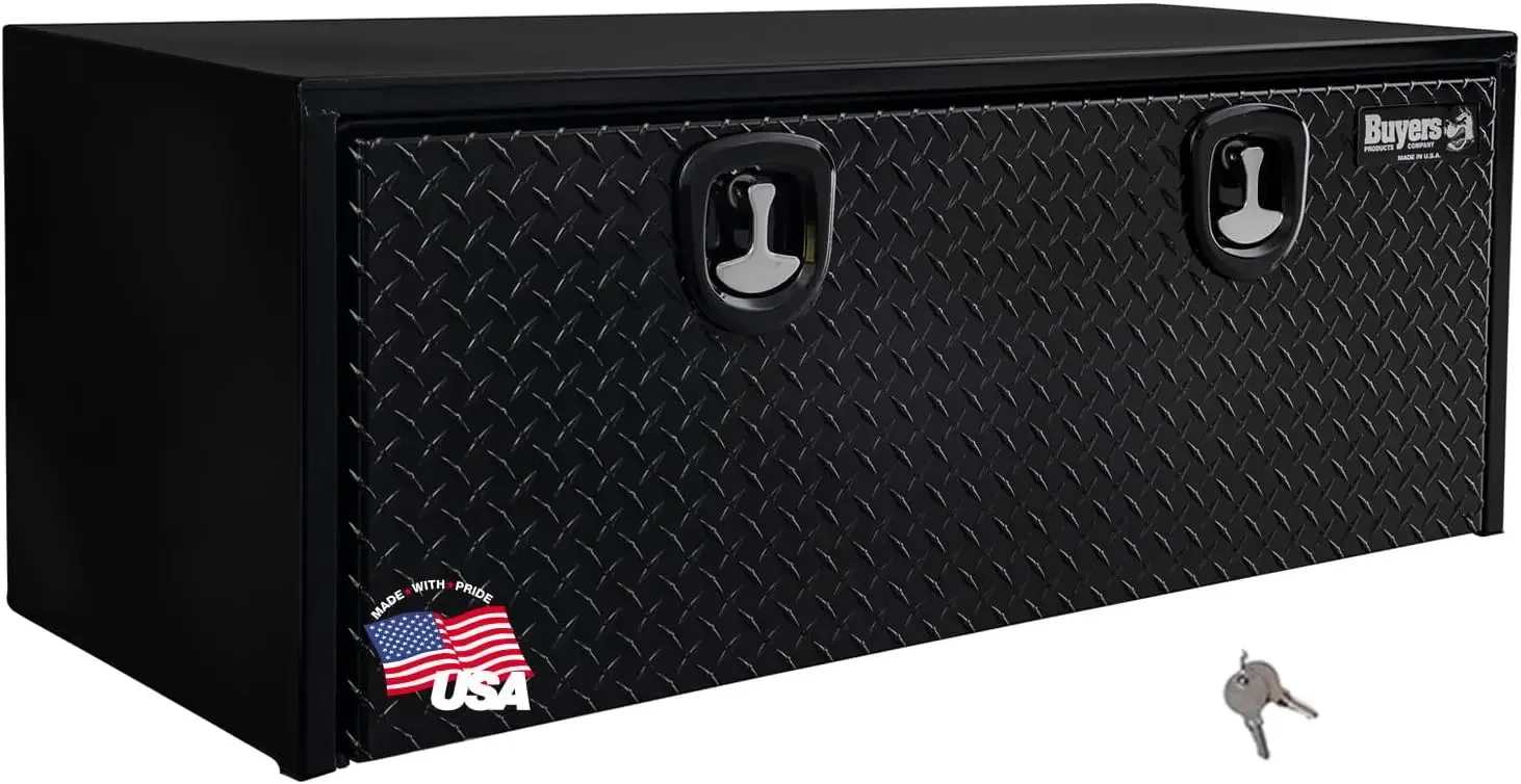 Black Steel Truck Tool Box With Aluminum Diamond Tread Door, 18 x 18 x 48 Inch, Made In The USA