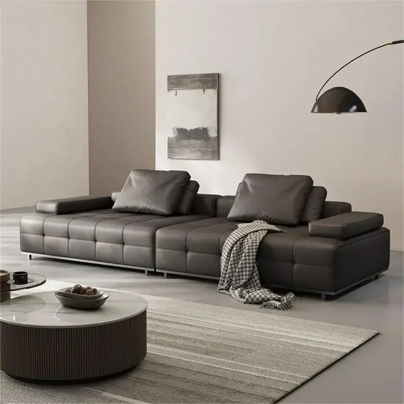 Italian leather sofa, first layer cowhide, large flat floor living room, large apartment, simple straight-row Foshan sofa
