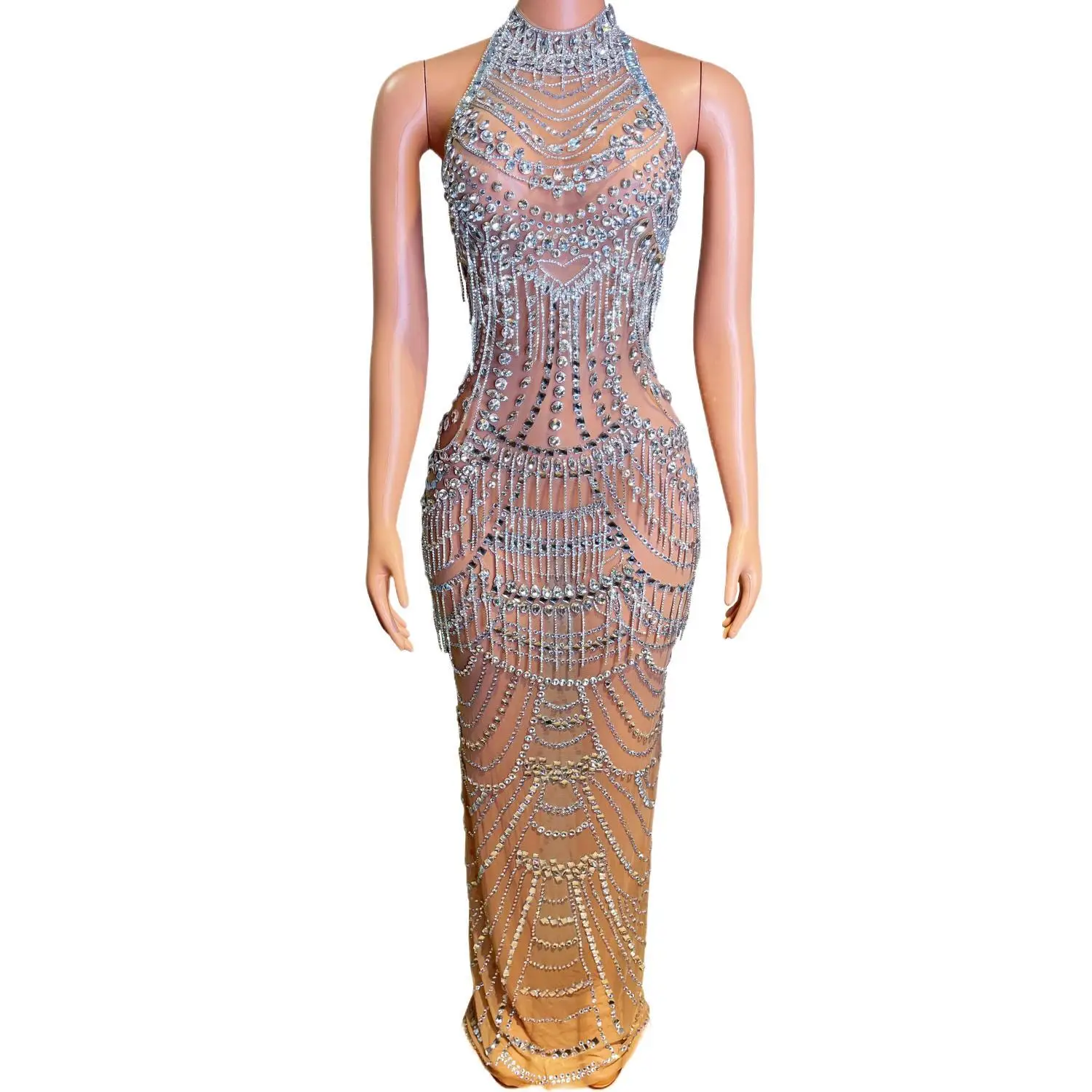 Xuegao Luxury Halter Fringe Crystal Rhinestone Sheer Mesh Maxi Dress Women Bodycon Cocktail Club Night Out Party Long Dress