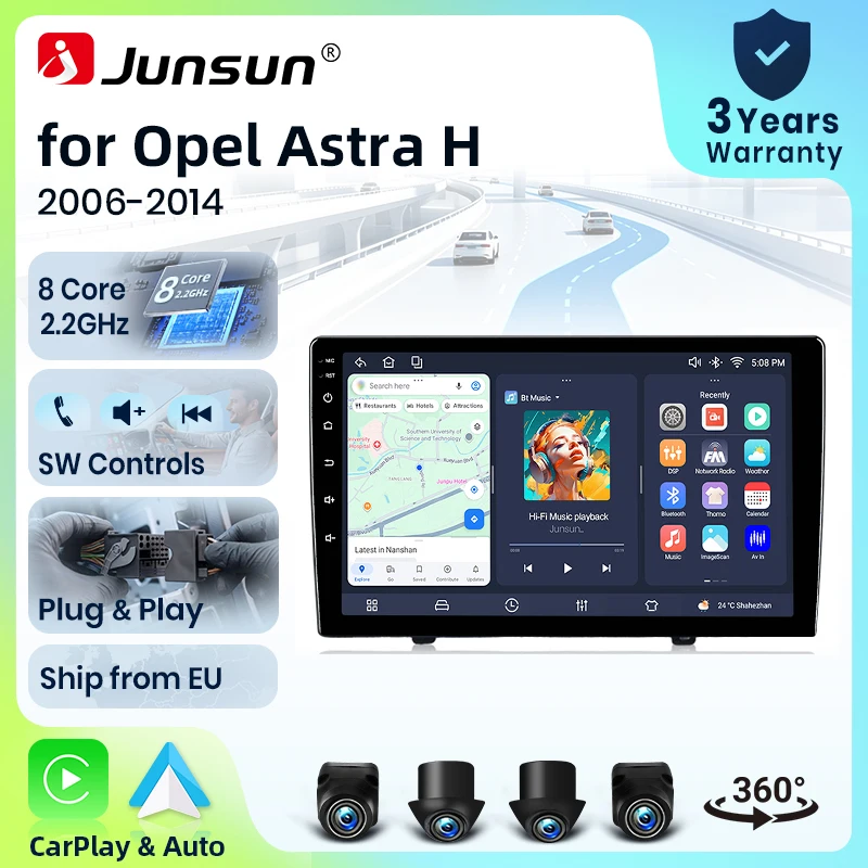 Autoradio Junsun 8 cœurs 4G WiFi avec écran IPS 9 pouces pour Opel Astra H 2005 - 2014, CarPlay, Android Auto, GPS, Navi, Stéréo, SWC, BT, FM, AM, RDS, DSP, 2Din, Mirror Link, Lecteur multimédia, Chat vocal AI, Caméra 360, Mise à jour OTA en option, Unité principale