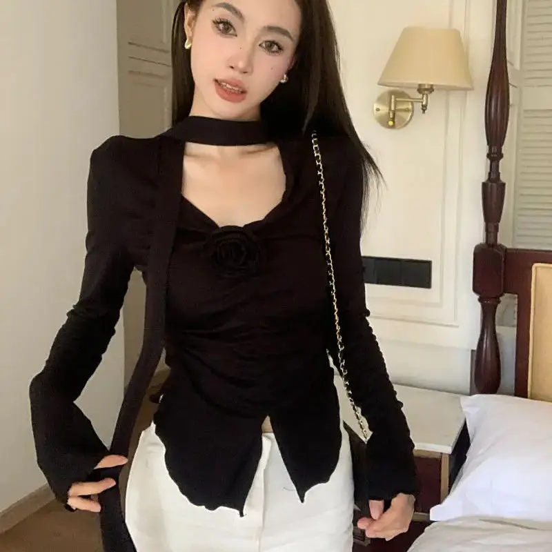 Three-Dimensional Flower Long-Sleeved Slit T-Shirt French Gentle Style Women'S Slim Fit Inner Wear Pleated Pure Lust Top