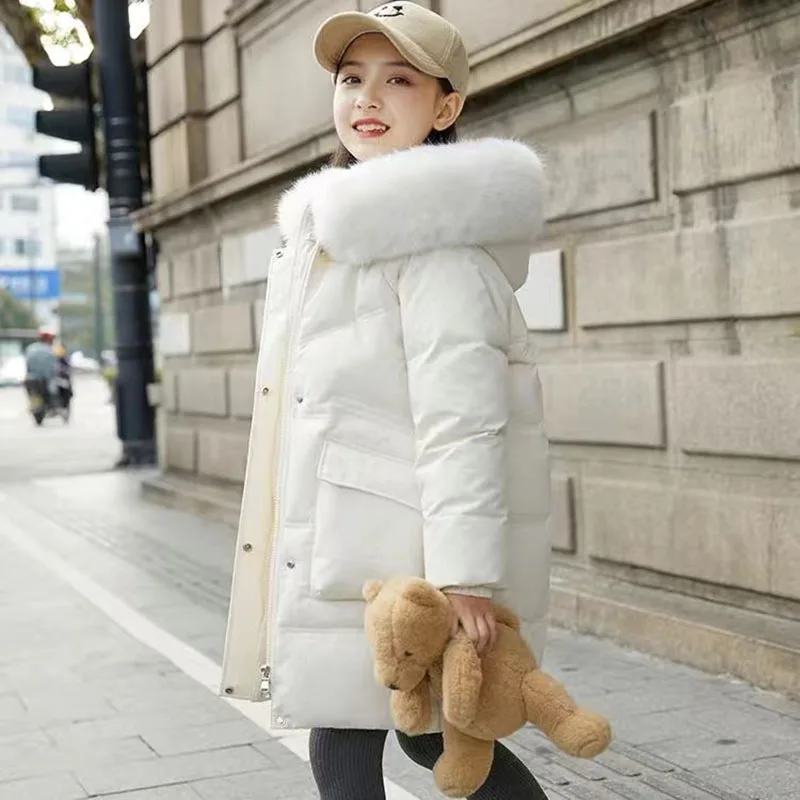 2023 Korean Style Girl Winter Down Jacket Cartoon Bear Thicken Warm Long Girl Outerwear Coat 5-14 Year Teenage Girl Parka Outfit