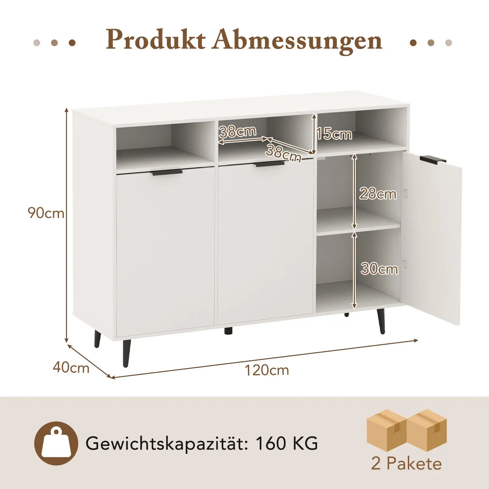 Hochwertiges Side Board Mit Großem Regal, 3 Offenen Fächern Und 3 Schränken Mit Türen