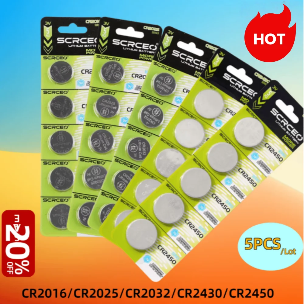 

5PCS CR2016 CR2025 CR2032 CR2430 CR2450 3V Lithium Coin Cell Battery for Remote Controllers Garage Door Openers toys