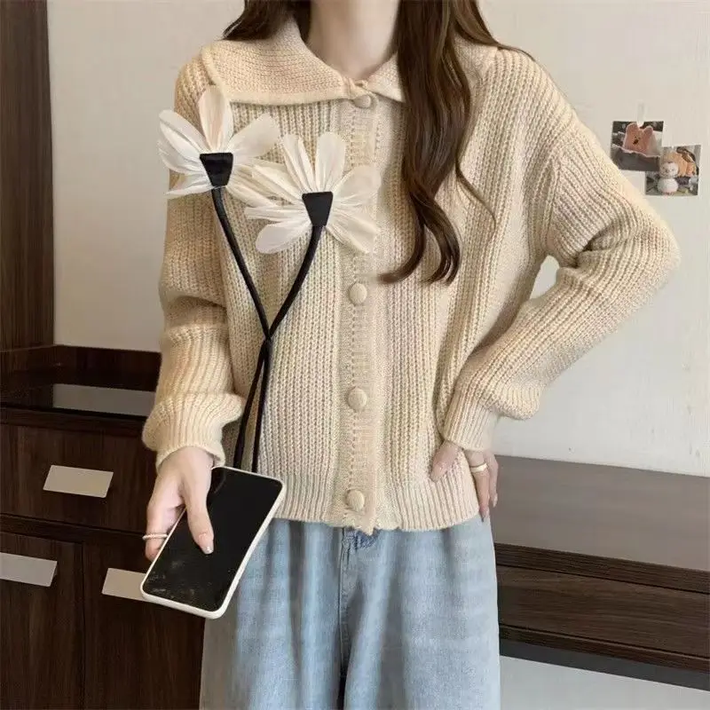 

Women Jacket Dimensional Flower Knitted Cardigan 2023 New Autumn And Winter Japanese Style Retro Outer Sweater