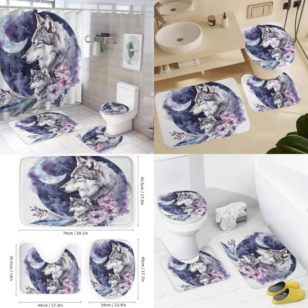 

4-piece wolf-themed shower curtain set with toilet cover and anti-slip mats, moon & star print, floral design