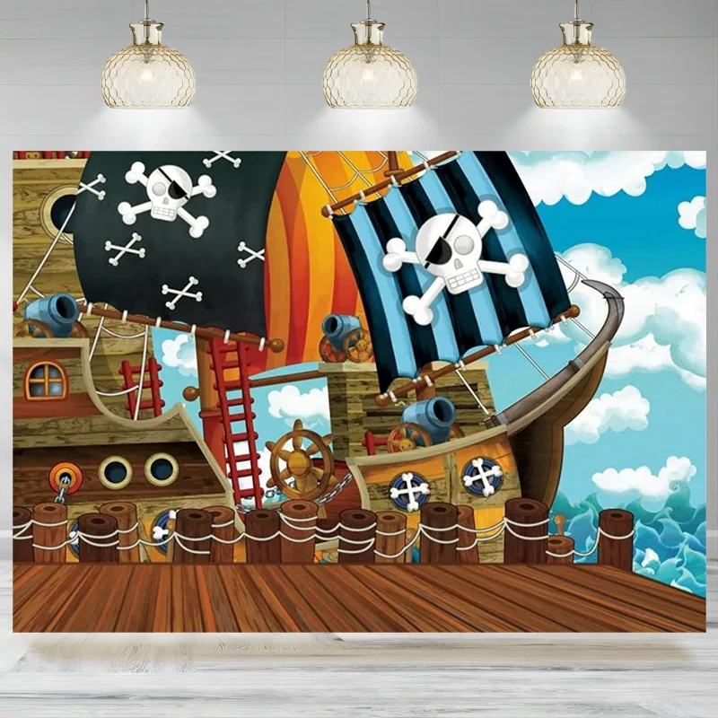 

Cartoon Pirate Themed Backdrop Wooden Rudder Stakes Wood Floor Pirate Flag Ladder Ship Photography Background Baby Shower Bann