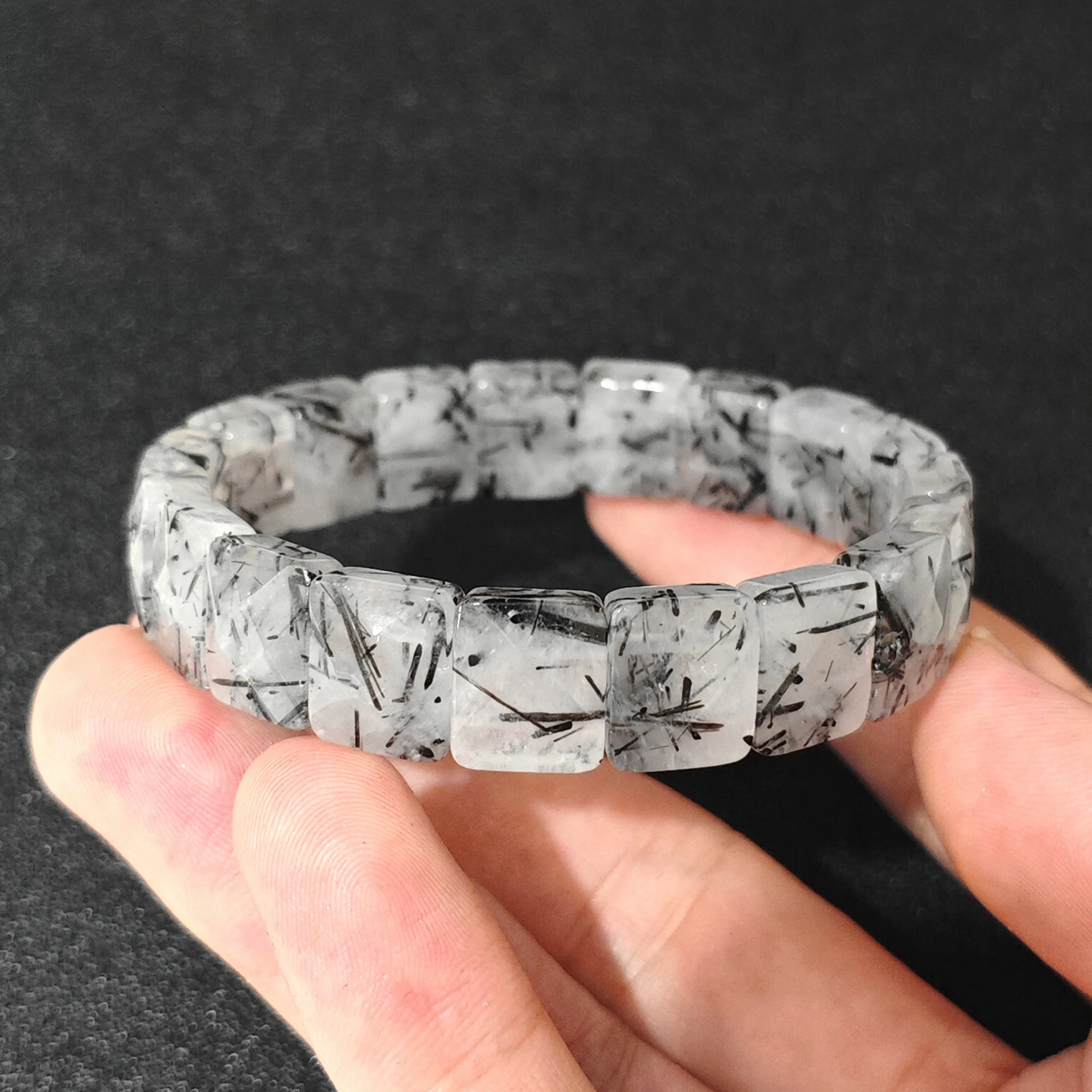 Natural Black Rutilated Quartz Bracelet 12mm Flat Rectangular Tile Bangle Tourmalinated Gemstone Stretch Cuff Gift 16-22cm