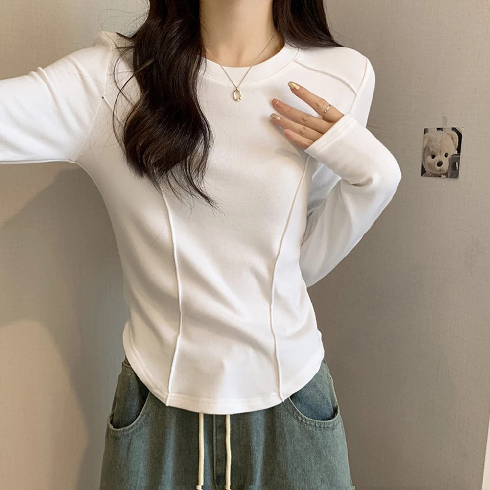 

Long Sleeve T Shirt for Women with Korean Style Crew Neck and Cropped Fishbone Blouse Suitable for Fall and Spring