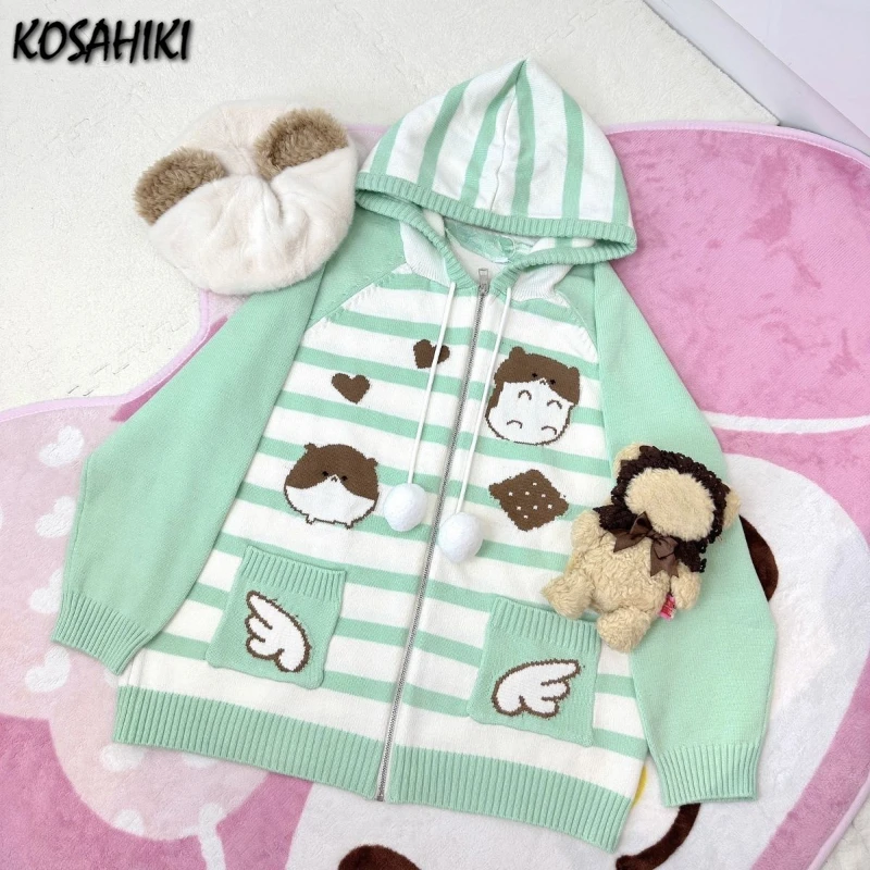 Harajuku Knitted Stripe Hooded Cardigan Women Y2k Aesthetic Cartoon Jacquard Casual Loose Sweater Grunge Vintage Drawstring Tops