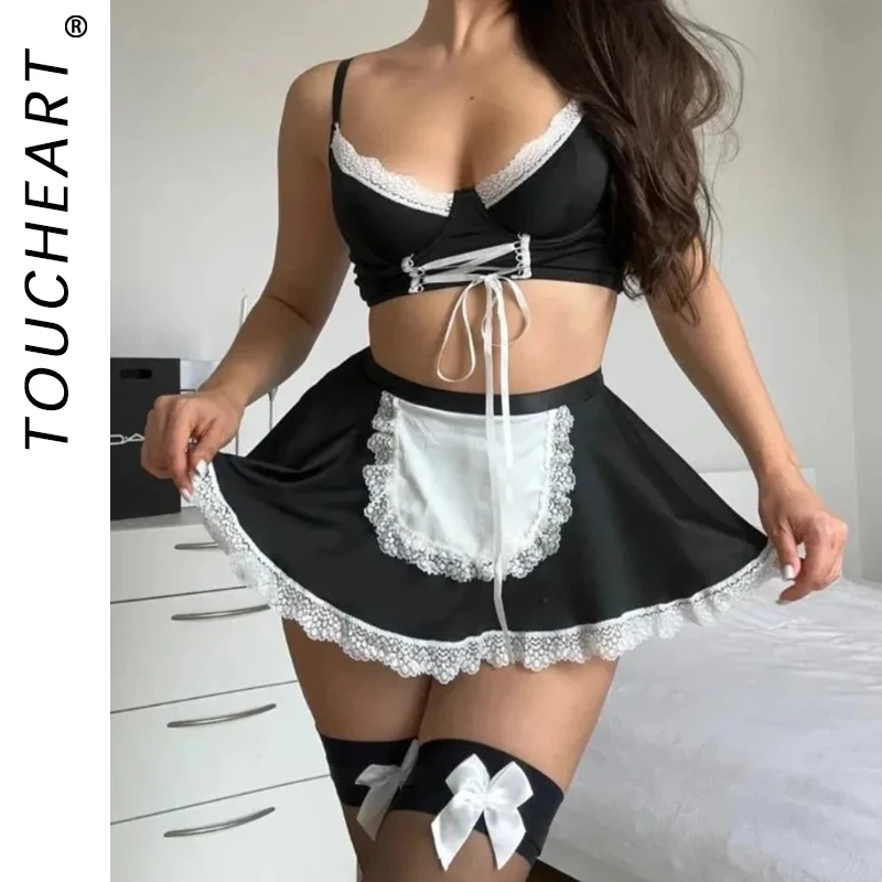 

Toucheart Sexy Maid Costume Cosplay Contrast Color Seductive Party Costume Slim Backless Women Interesting Elegant Intimate Set