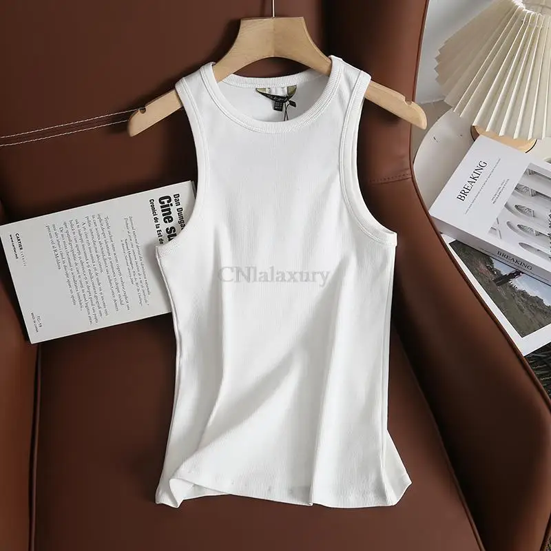 CNlalaxury Ribber Knitted Tops Femme O Neck Summer Basic Shirts White Black Casual Sport Vest Off Shoulder Green Women Tank Top