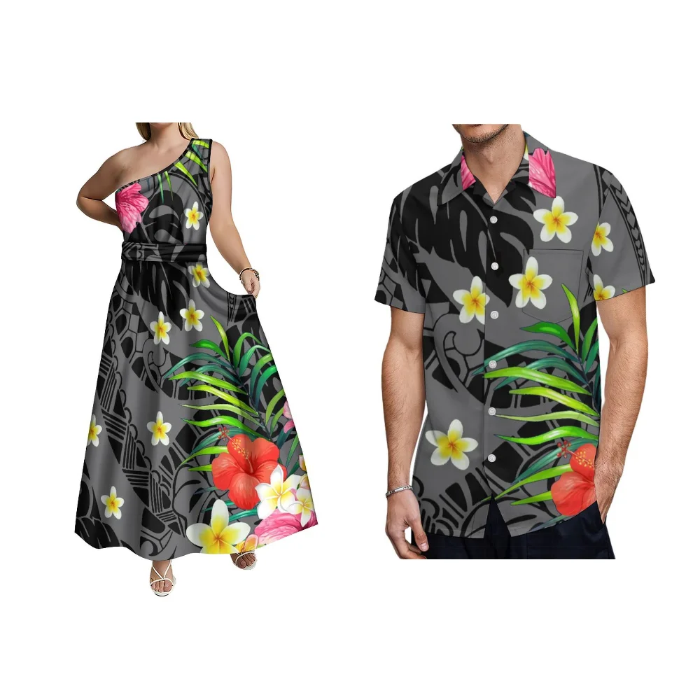Lace-Up Waist Design Women'S Long Dress Men'S Shirt Custom Polynesian Vintage Print Skin Friendly Soft Fabric Couple'S Dress