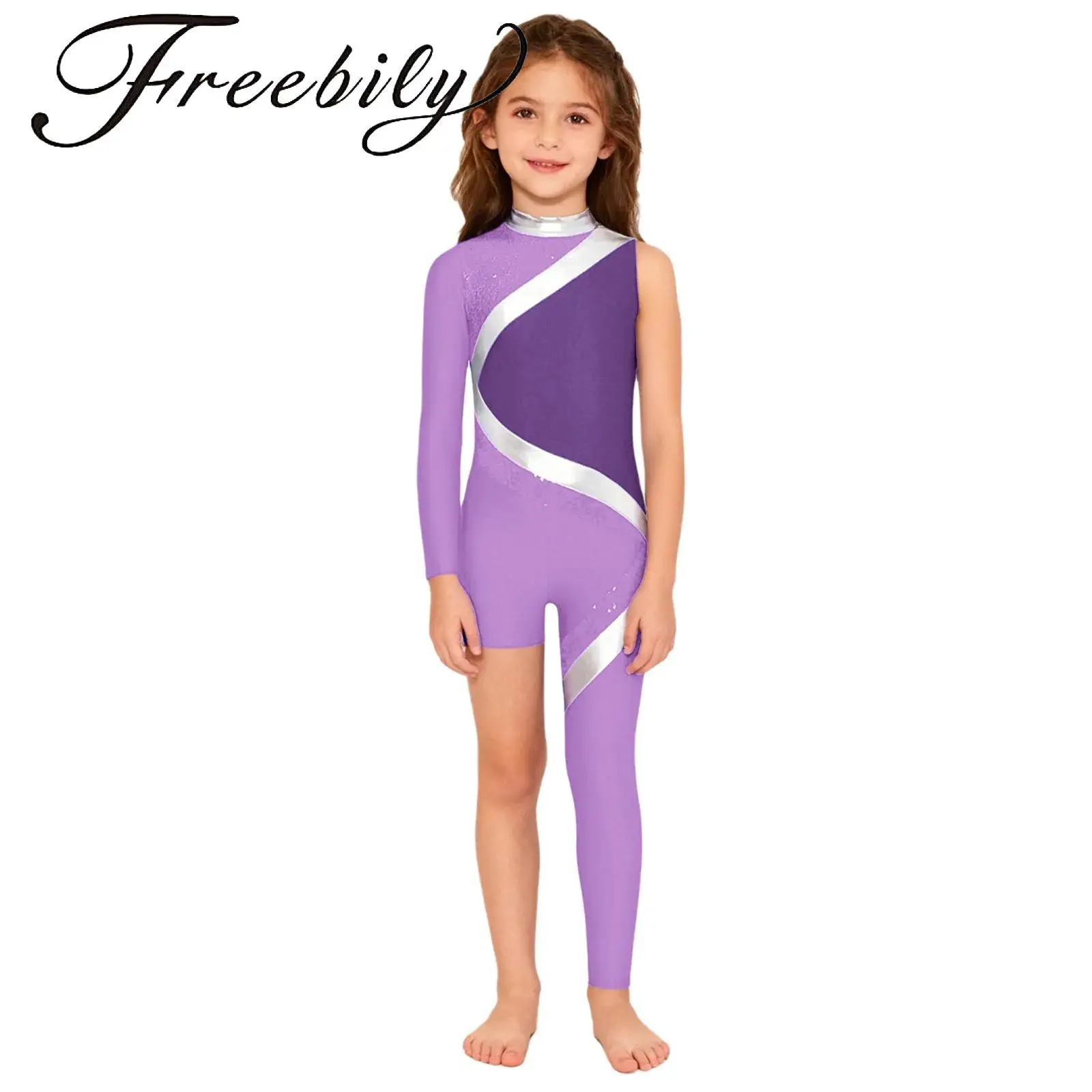 بدلة رقص لامعة للفتيات الصغيرات برقبة وهمية وسحاب خلفي غير مرئي وكتلة ألوان غير متماثلة