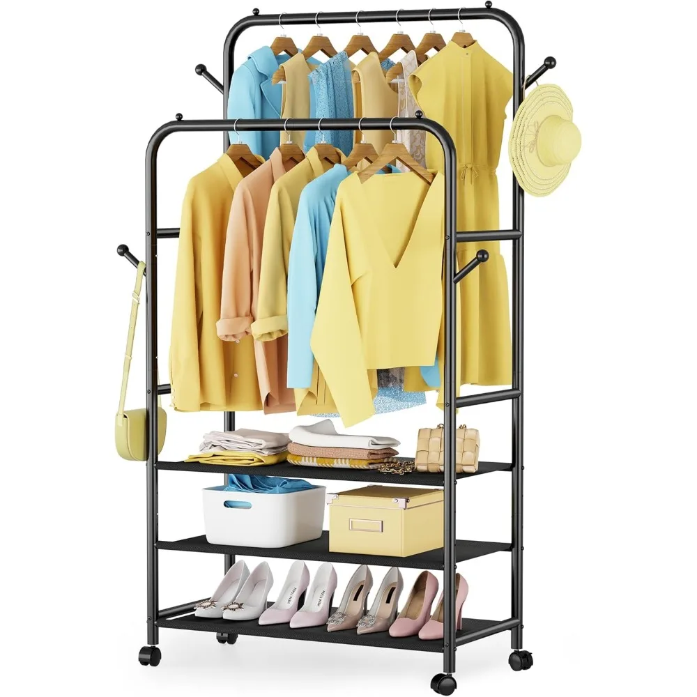 Double Rod Garment Rack with 3 Tier Shelves Rolling Portable Closet Stand for Bedroom Laundry Room Black