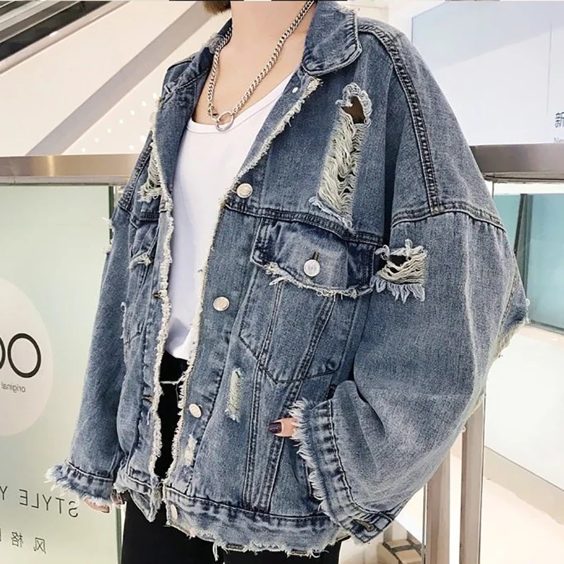 Fried Street Hole Denim Jacket Women's New Spring  Autumn Cowboy Jackets Female Outerwear Fashion Loose Casual Jacket Streetwear