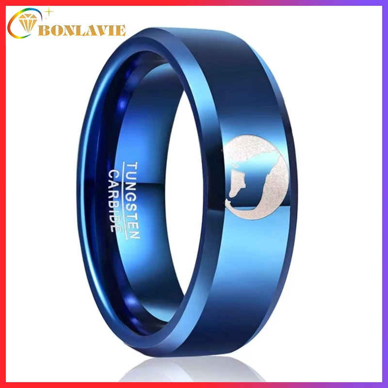 BONLAVIE 8mm Polished Blue Laser Wolf Pattern Tungsten Carbide Ring For Men Beveled Edge Comfort Fit Engagement Rings