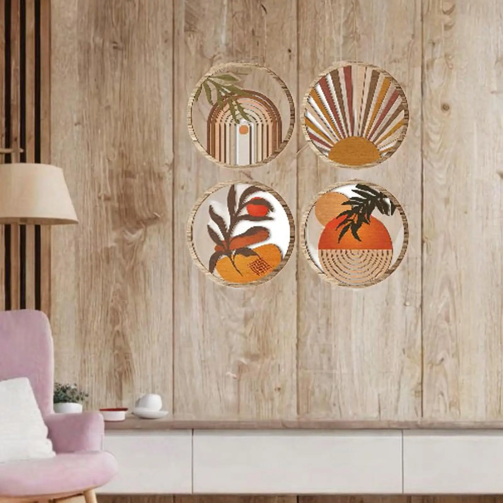 4Pcs Boho Wooden Wall Art Set Pastoral Theme Hanging Wall Sculpture for Home Living Room Bedroom Decoration Housewarming Gift