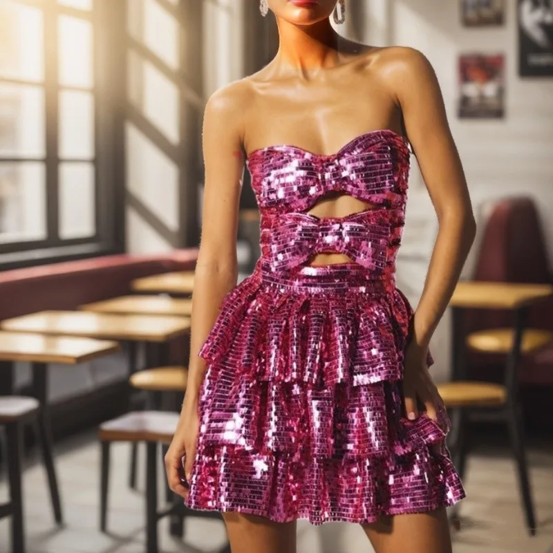 

Розовое женское платье-бюстье с вырезами и пайетками, квадратной формы, для весенне-осенне-зимнего сезона