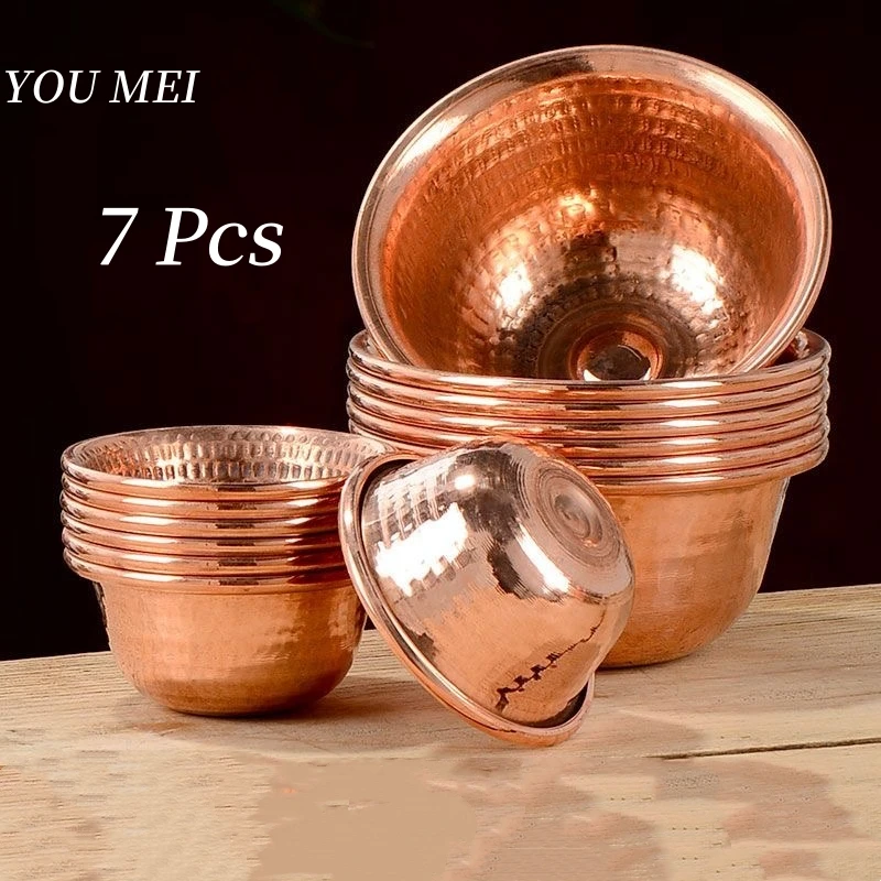 

7Pcs Buddhism Holy Red Copper Bowl,Multiple Styles and Sizes Engraving Hammer Texture Bowl,Tibetan Altars Cup Buddhist Item