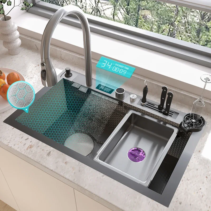 

Digital Display Waterfall Sink Stainless Steel Kitchen Sink Embossed Large Single Slot With Waterfall Faucet Wash Basin