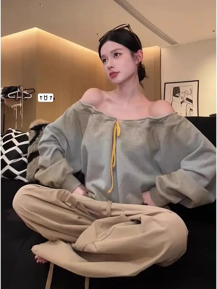韓国風スレッドストリングオフショルダーヴィンテージオンブレスウェットシャツ女性用秋のゆったりとした美しいユニークなロングスリーブミートコン...