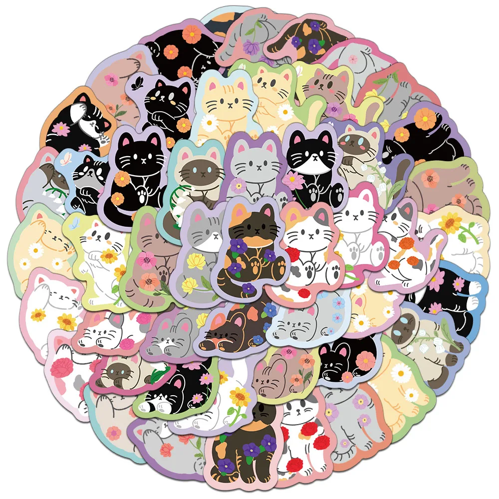 50 Uds. Pegatinas creativas de flores y gatos, pegatinas decorativas DIY, taza de agua, monopatín, cuaderno, pegatinas impermeables
