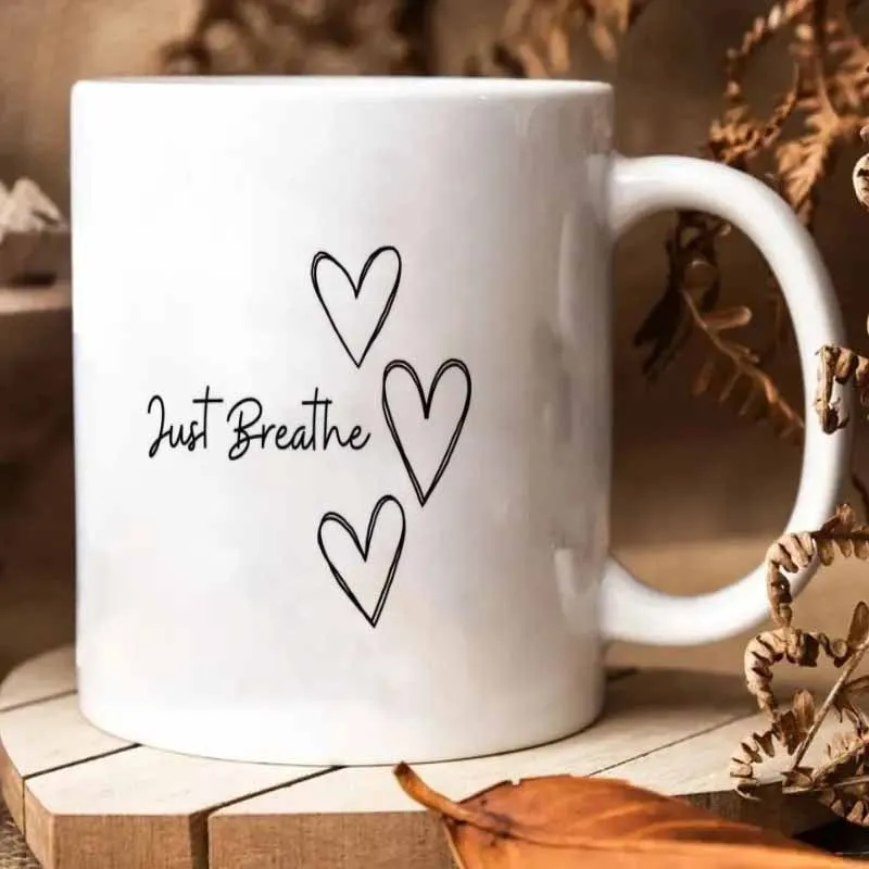 

1pc 11oz "Three Hearts: Just Breathe" Ceramic Mug/Coffee Cup/Water Cup - Minimalist Mindfulness. Heat Reten