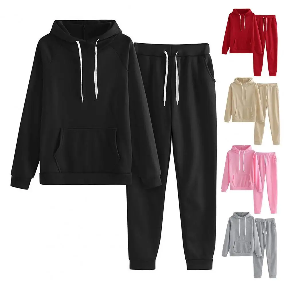 Women Two-piece Suit Cozy Winter Outfit 2-piece Hoodie Pants Set with Elastic Waist Drawstring Patch Pockets for Warmth Style