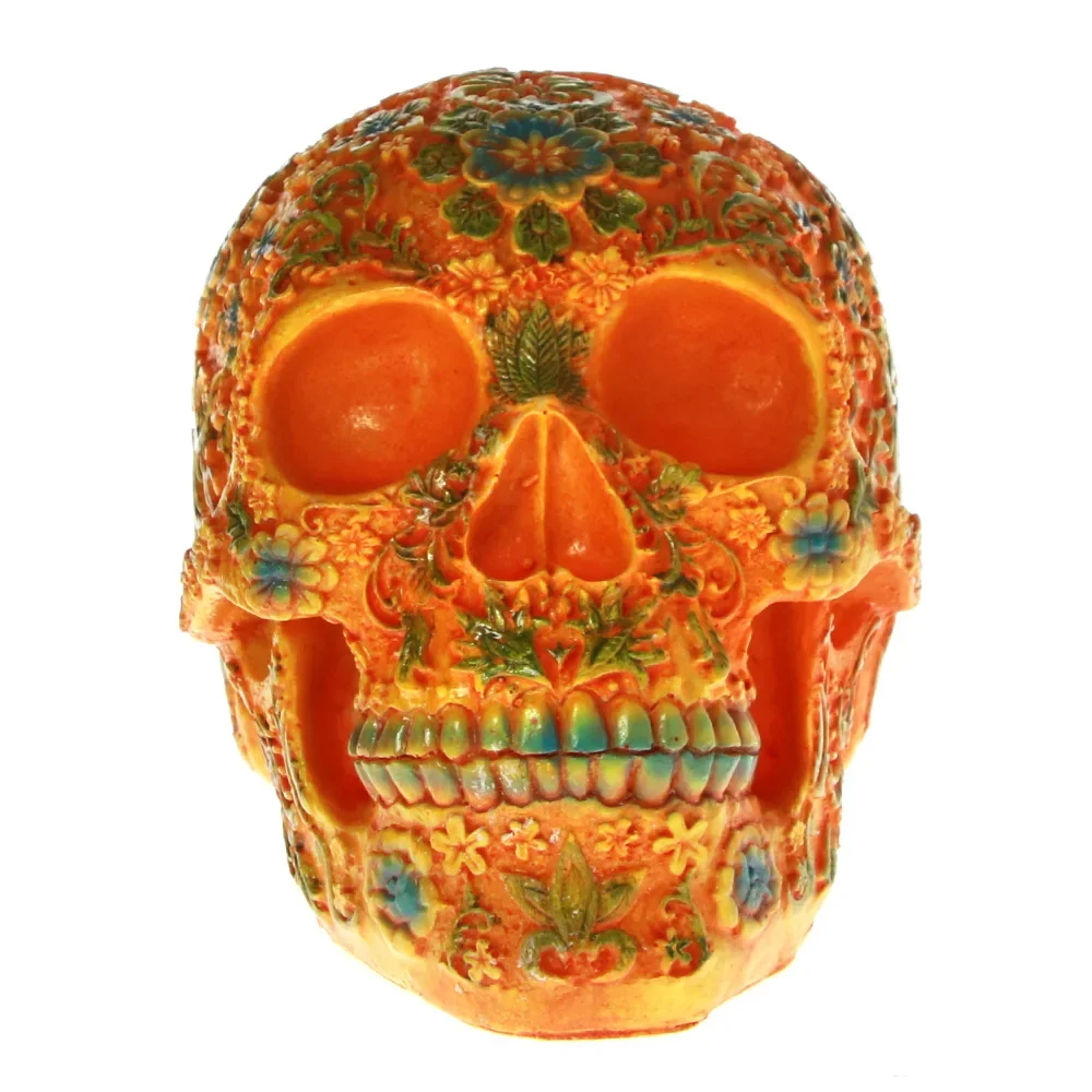 MGT-Mexican Day of the Dead Floral Carved Skull Head Resin Figurine, Orange Sugar Flower Skull, Halloween Sculpture