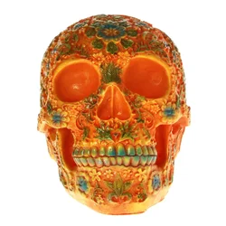 MGT-Mexican Day of the Dead Floral Carved Skull Head Resin Figurine, Orange Sugar Flower Skull, Halloween Sculpture