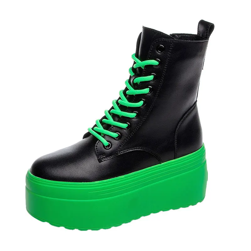 

Зеленые, черные высокие женские ботинки, кожаные женские полусапожки, ботильоны на толстой платформе 8 см, кроссовки на молнии, кружево