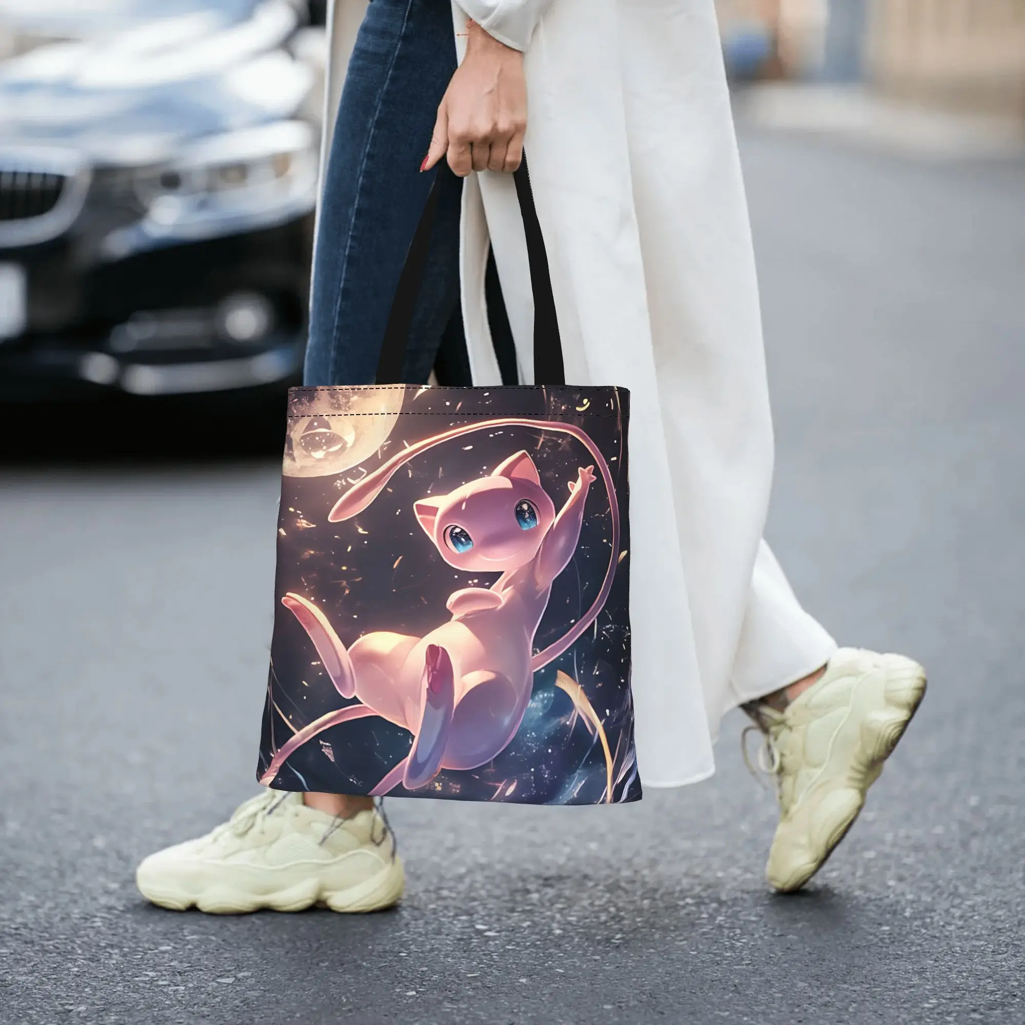 Customized Pokemon Theme Women's Bag Shopping Bag Reusable Double Sided Canvas Tote Bag Shoulder Mew Handbag