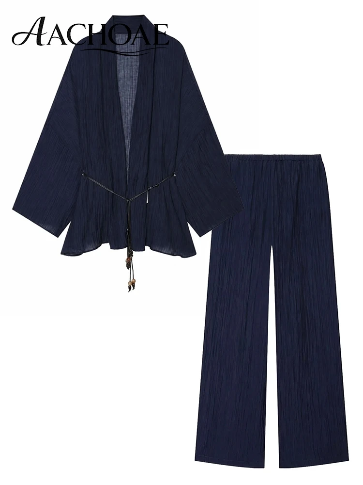 AACHOAE Women Pleated Two Piece Set Deep V Kimono Cardigan and Wide Leg Pants Casual Loose Lounge Set Matching Outfit Co Ord Set