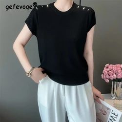 Women Clothing 2024 Summer Stylish Simple Casual Short Sleeve Rib Knit T-shirt Female Elegant Solid O Neck Loose Pullover Tops