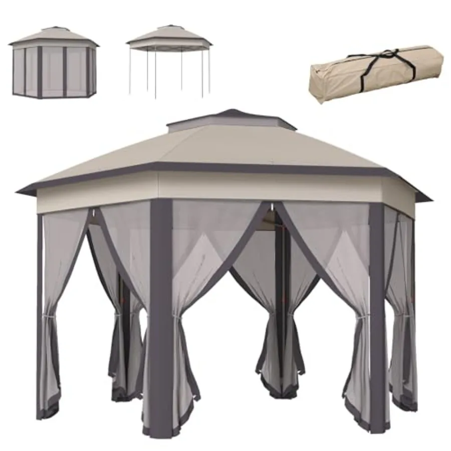 13' x 13' Pop Up Gazebo, Hexagonal Canopy Shelter with 6 Zippered Mesh Netting, Event Tent with Strong Steel Frame for Patio Ba